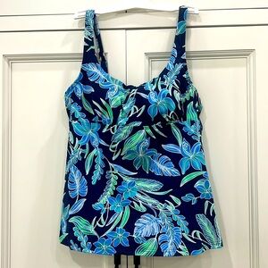Lands End Size 8 Adjustable Swim Tankini Top Underwire Blue Floral Square Neck